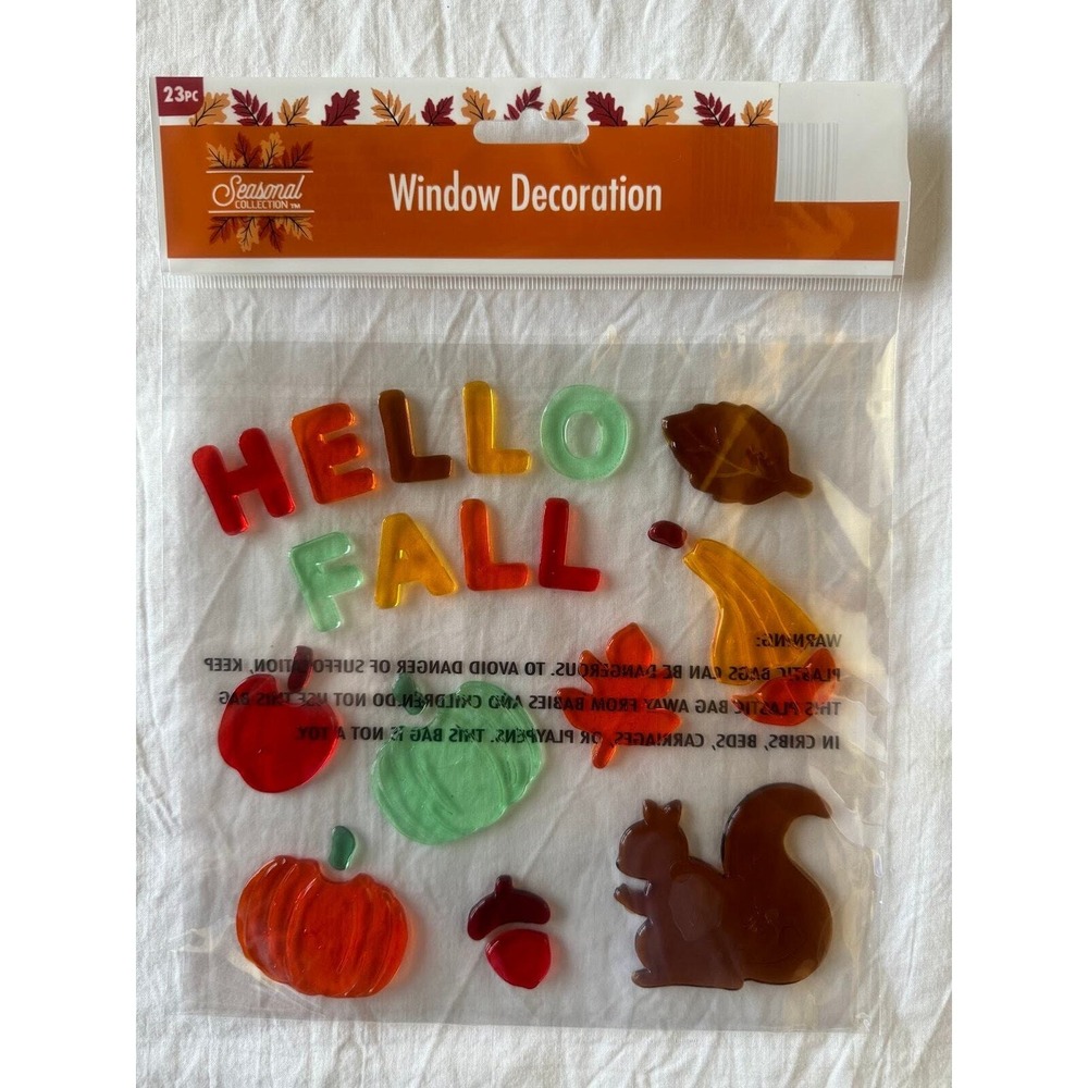 NEW HELLO FALL 23 pc‎ Window Gel Clings Stickers Decor Squirrel Pumpkin Leaves